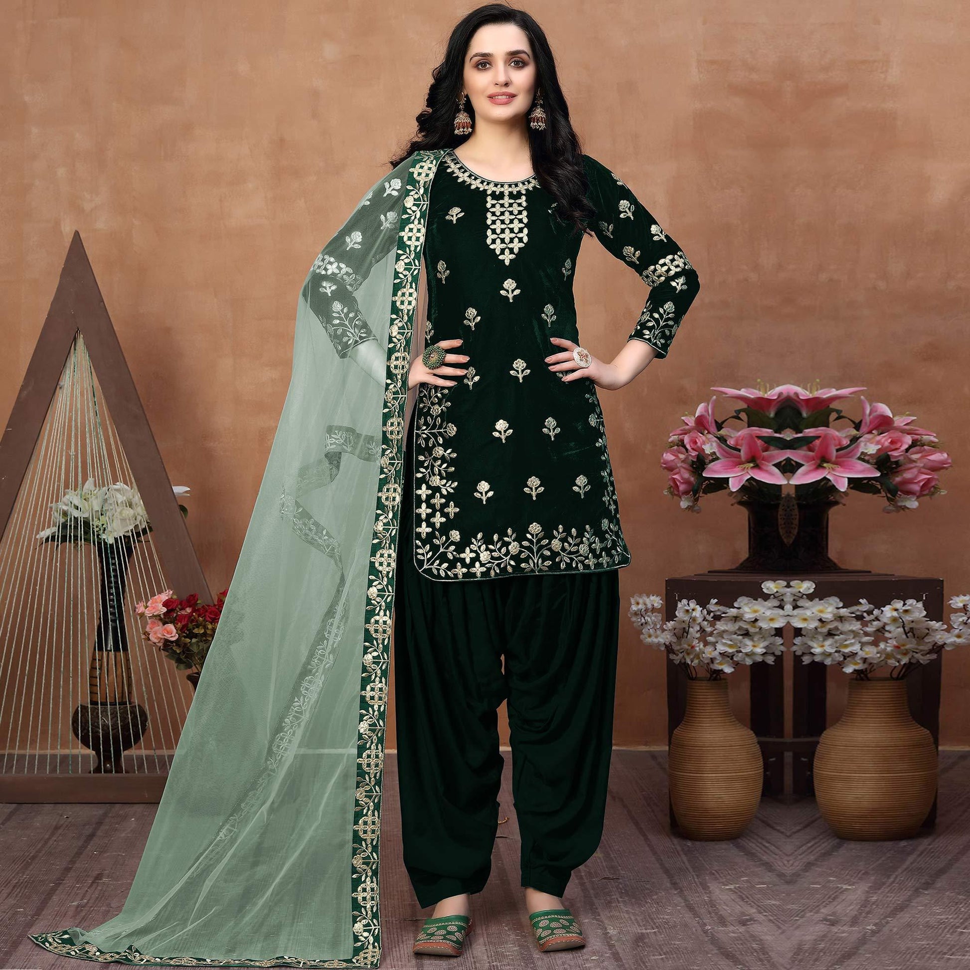 Elegant Green Coloured Partywear Mirror Embroidered Velvet Patiala Suit