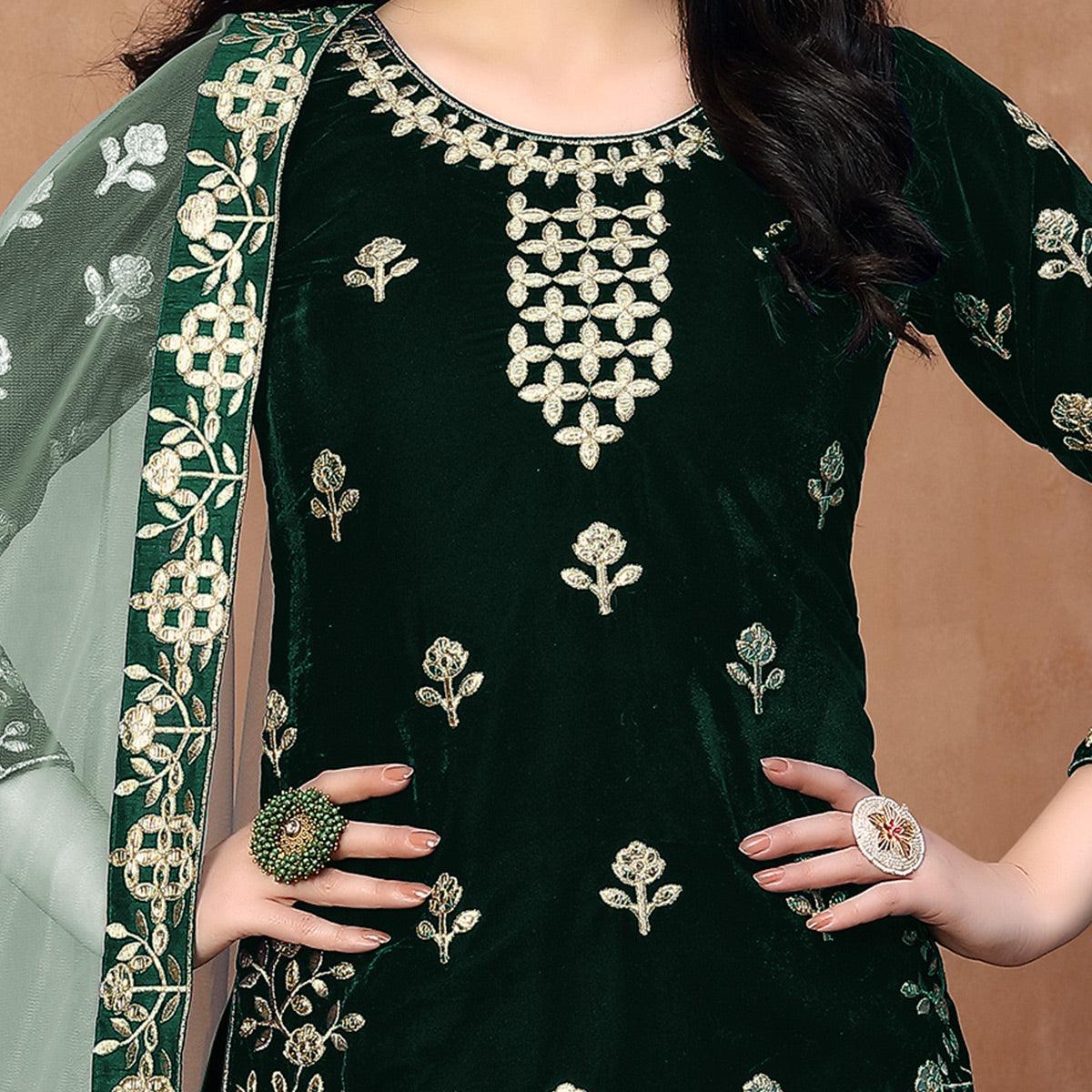Elegant Green Coloured Partywear Mirror Embroidered Velvet Patiala Suit