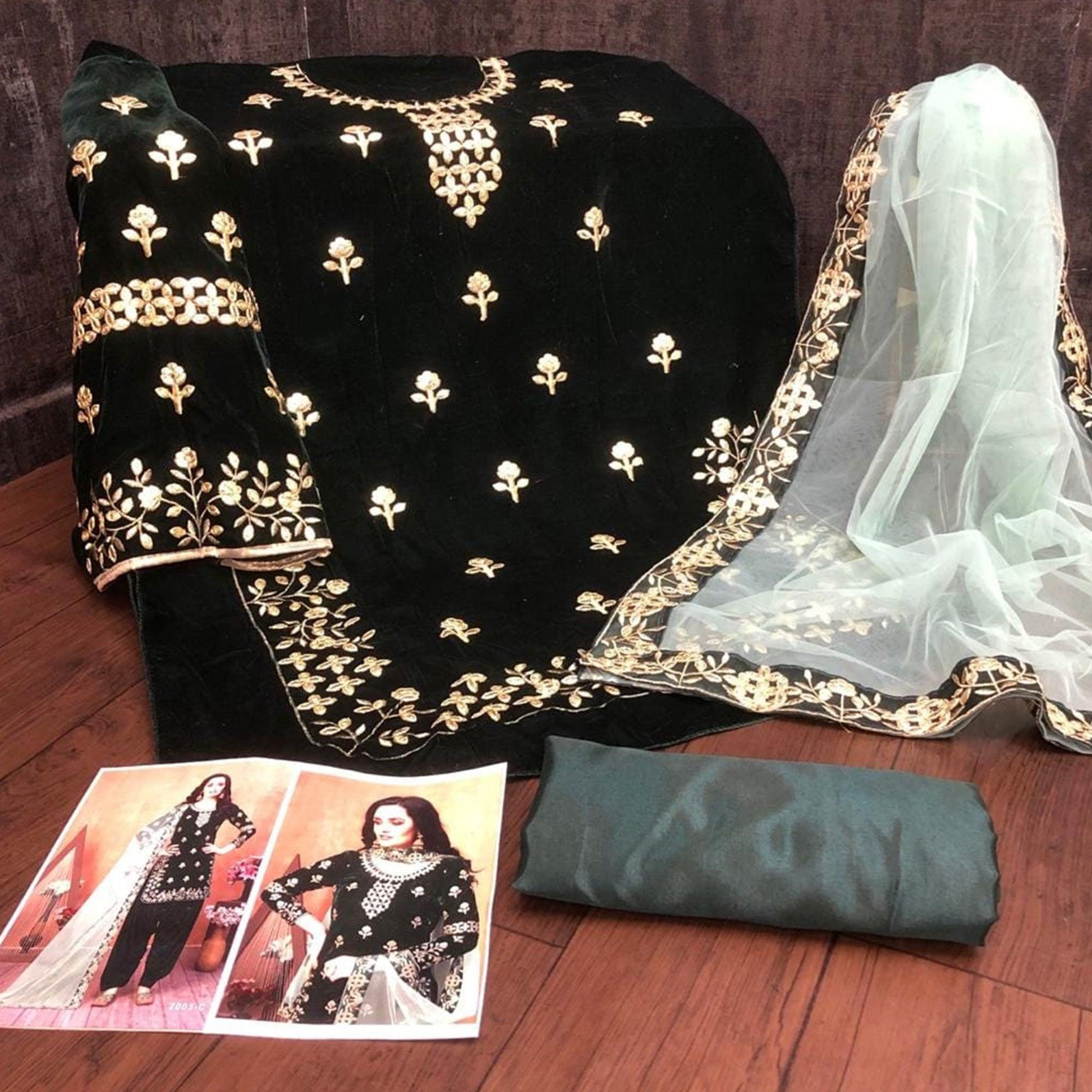 Elegant Green Coloured Partywear Mirror Embroidered Velvet Patiala Suit