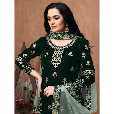 Elegant Green Coloured Partywear Mirror Embroidered Velvet Patiala Suit