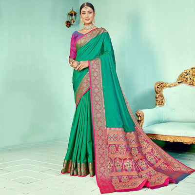 Elegant Green Coloured Partywear Woven Silk Saree