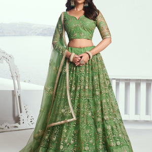 Elegant Green Embroidered Net Mehendi Lehenga Choli