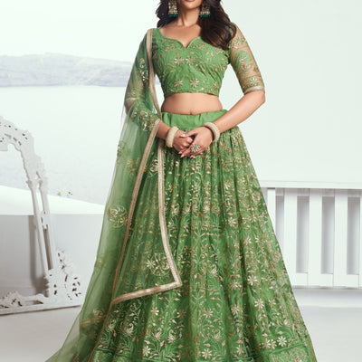 Elegant Green Embroidered Net Mehendi Lehenga Choli