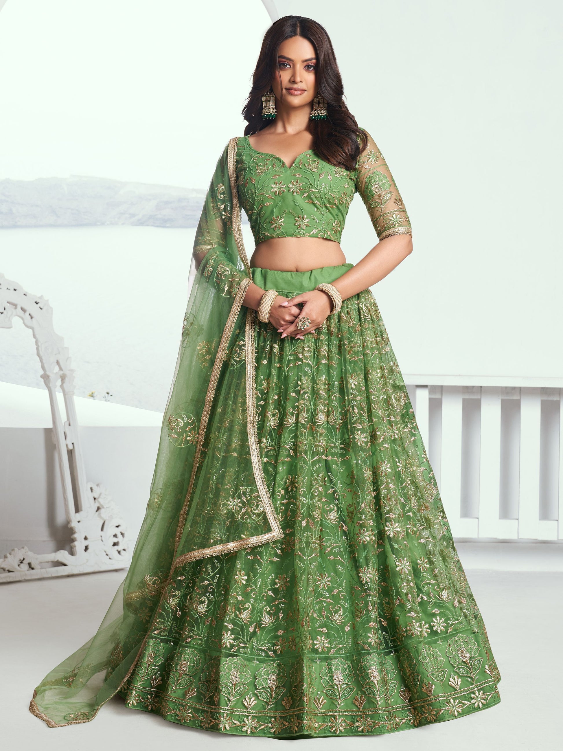 Elegant Green Embroidered Net Mehendi Lehenga Choli