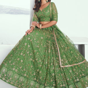 Elegant Green Embroidered Net Mehendi Lehenga Choli