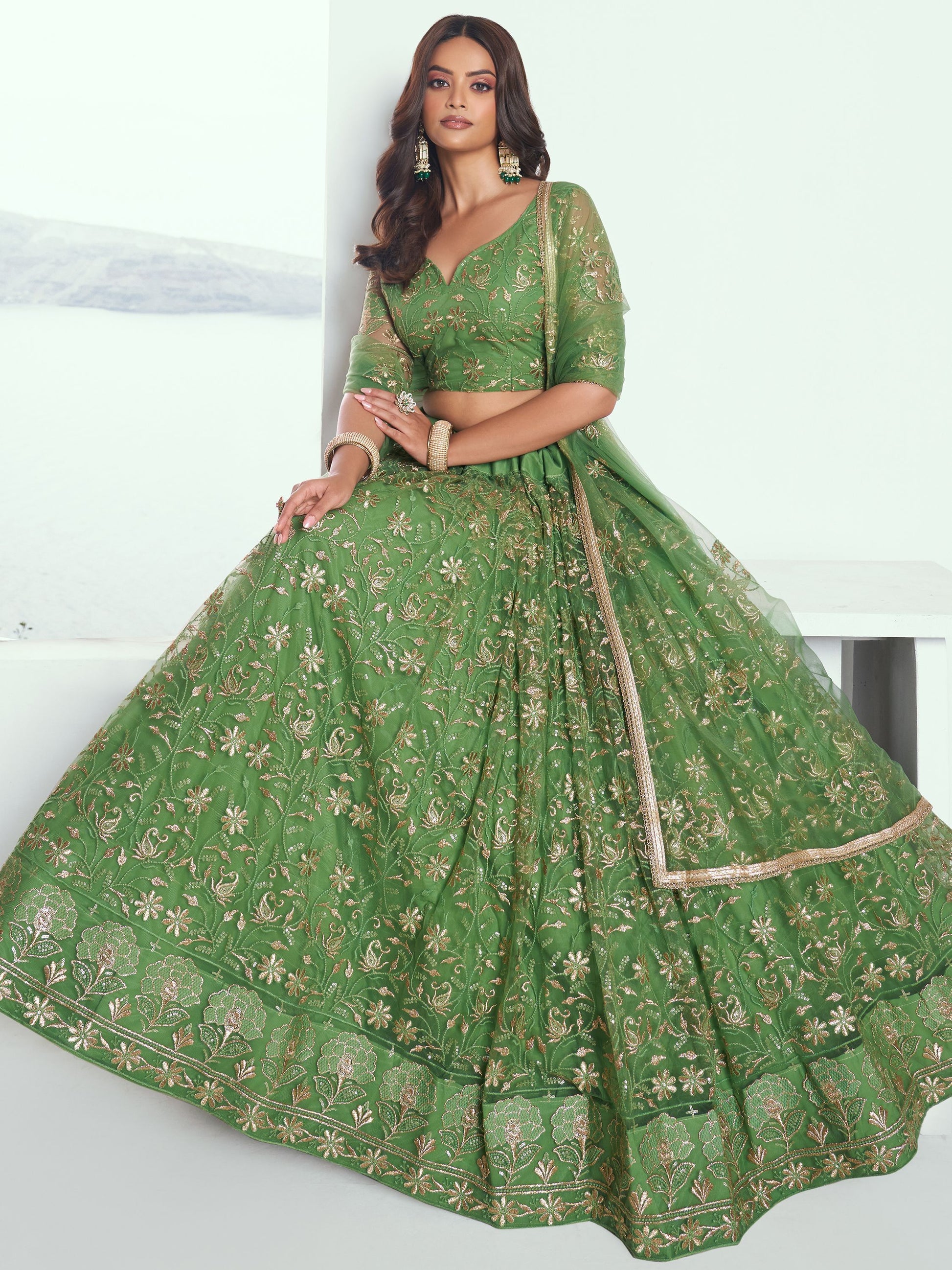 Elegant Green Embroidered Net Mehendi Lehenga Choli