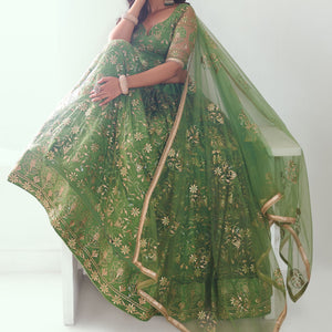 Elegant Green Embroidered Net Mehendi Lehenga Choli