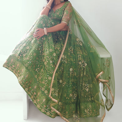Elegant Green Embroidered Net Mehendi Lehenga Choli