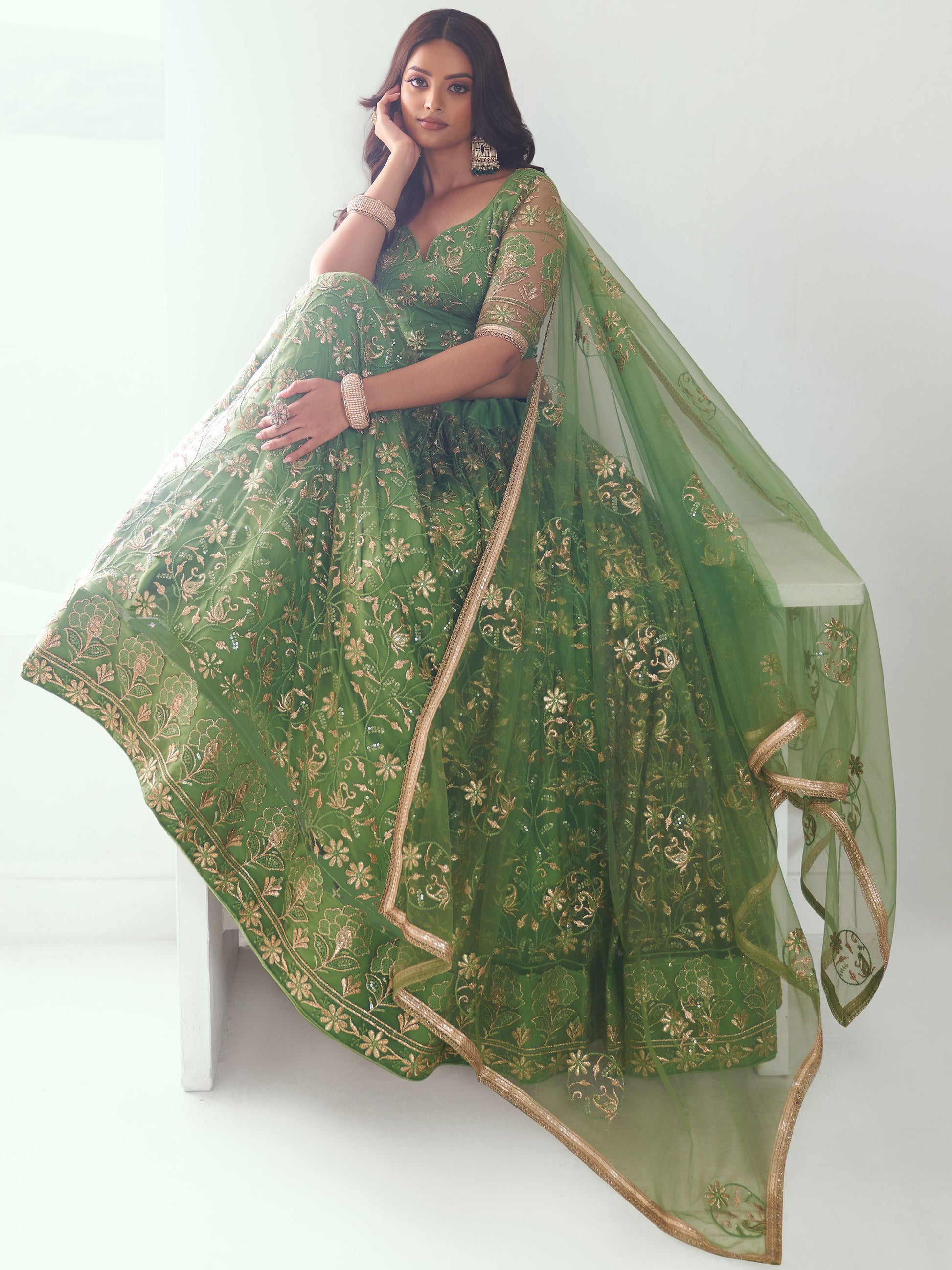 Elegant Green Embroidered Net Mehendi Lehenga Choli