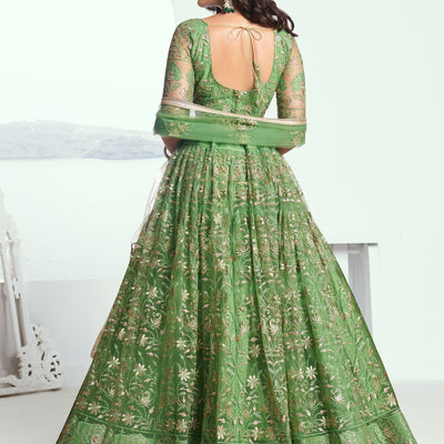 Elegant Green Embroidered Net Mehendi Lehenga Choli