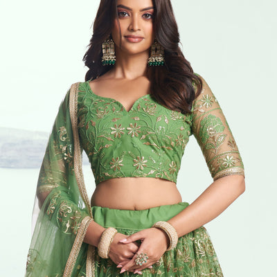 Elegant Green Embroidered Net Mehendi Lehenga Choli