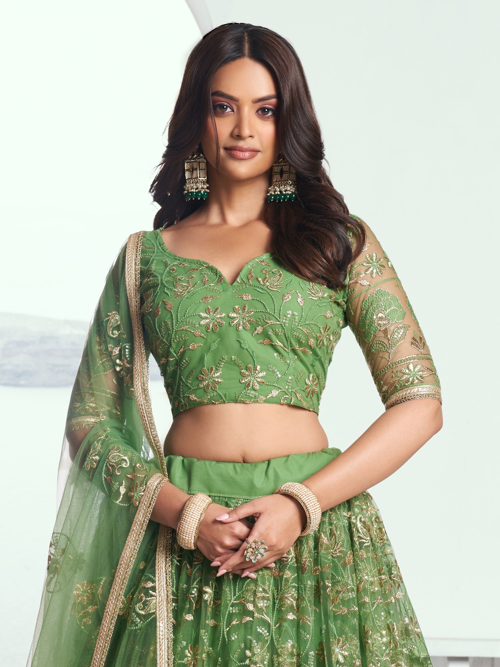 Elegant Green Embroidered Net Mehendi Lehenga Choli