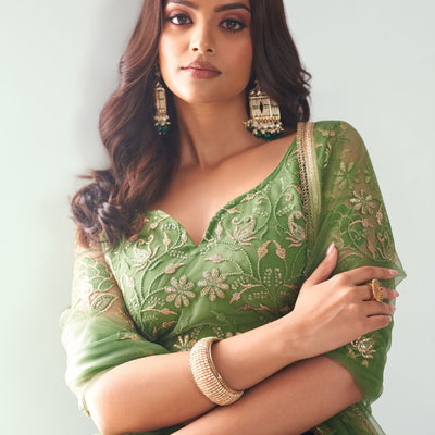 Elegant Green Embroidered Net Mehendi Lehenga Choli