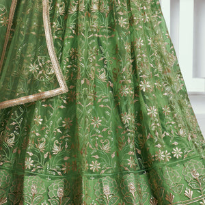 Elegant Green Embroidered Net Mehendi Lehenga Choli
