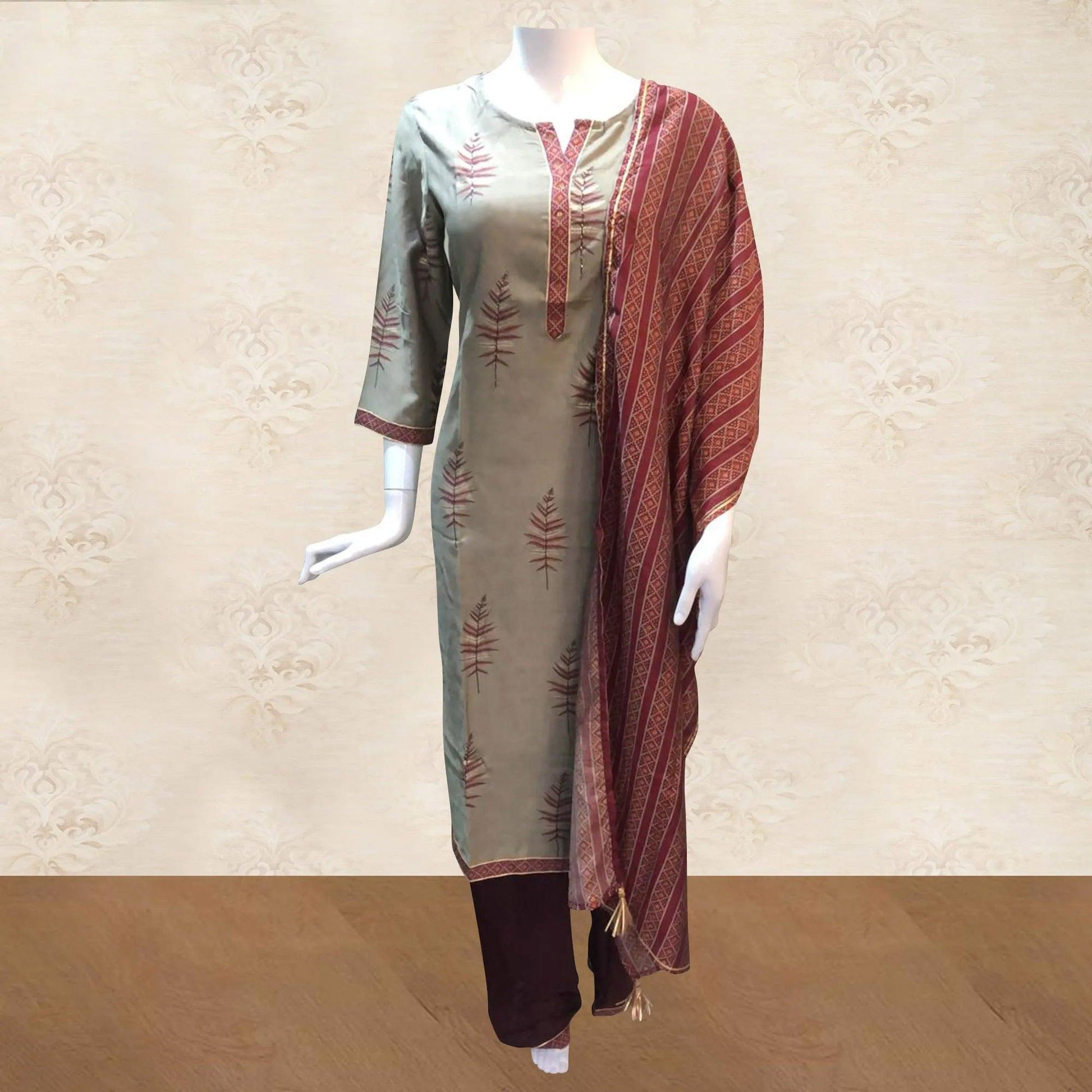 Elegant Grey Colored Casual Printed Stitched Cotton Palazzo Suit
