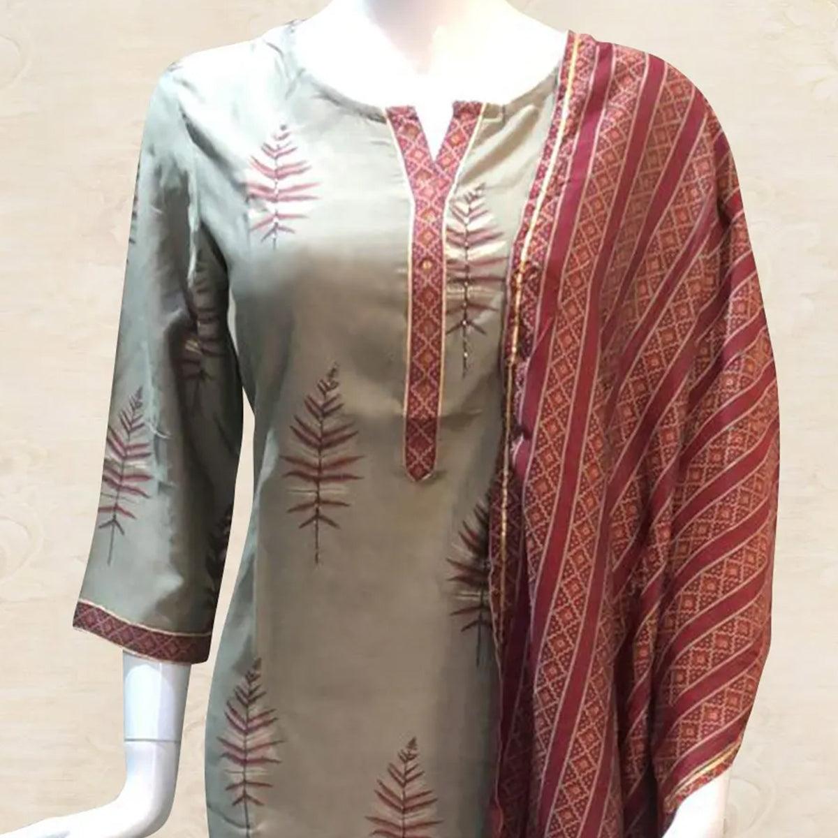 Elegant Grey Colored Casual Printed Stitched Cotton Palazzo Suit
