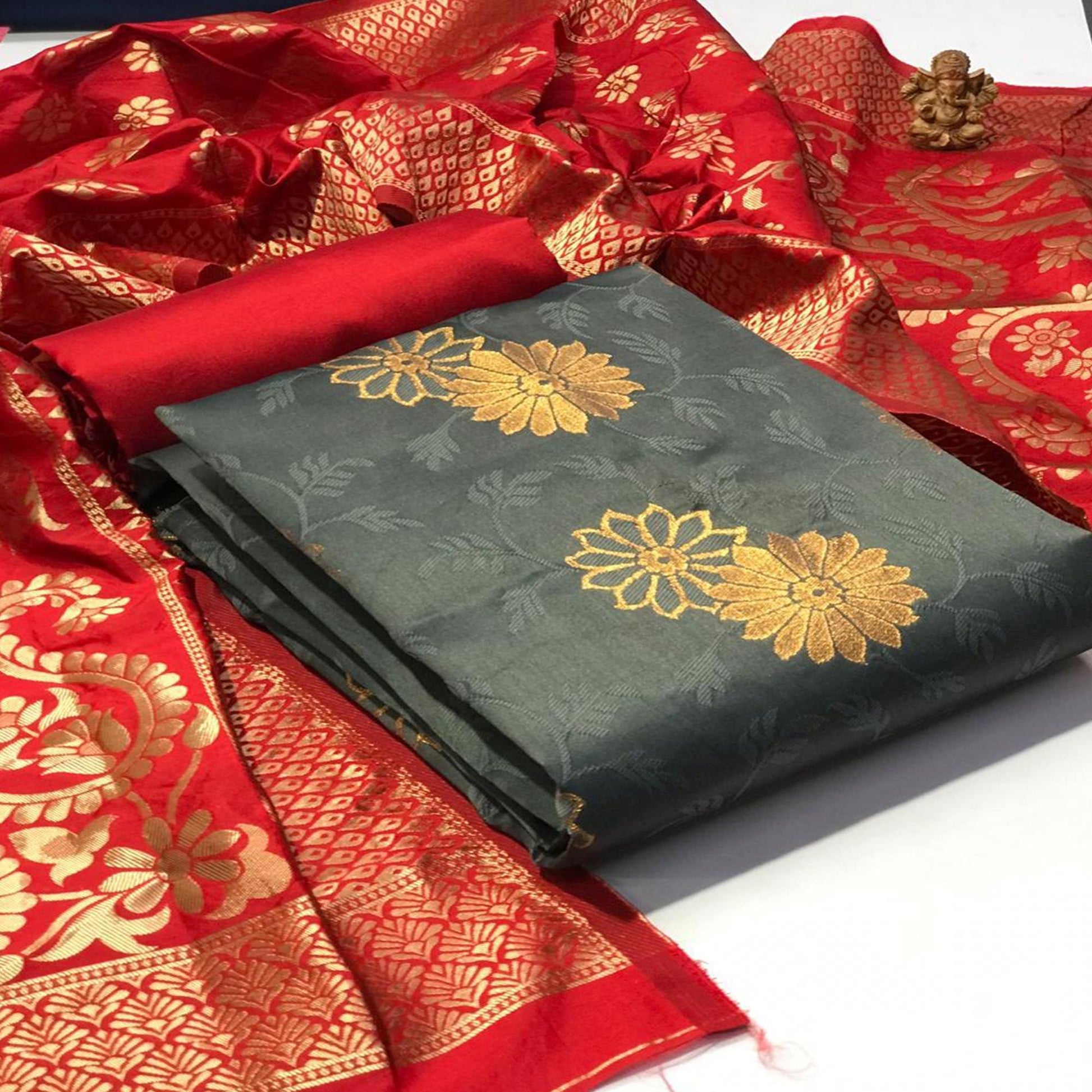 Elegant Grey Colored Casual Wear Banarasi Silk Dress Material