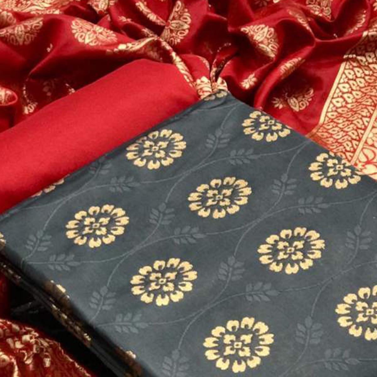 Elegant Grey Colored Casual Wear Banarasi Silk Dress Material