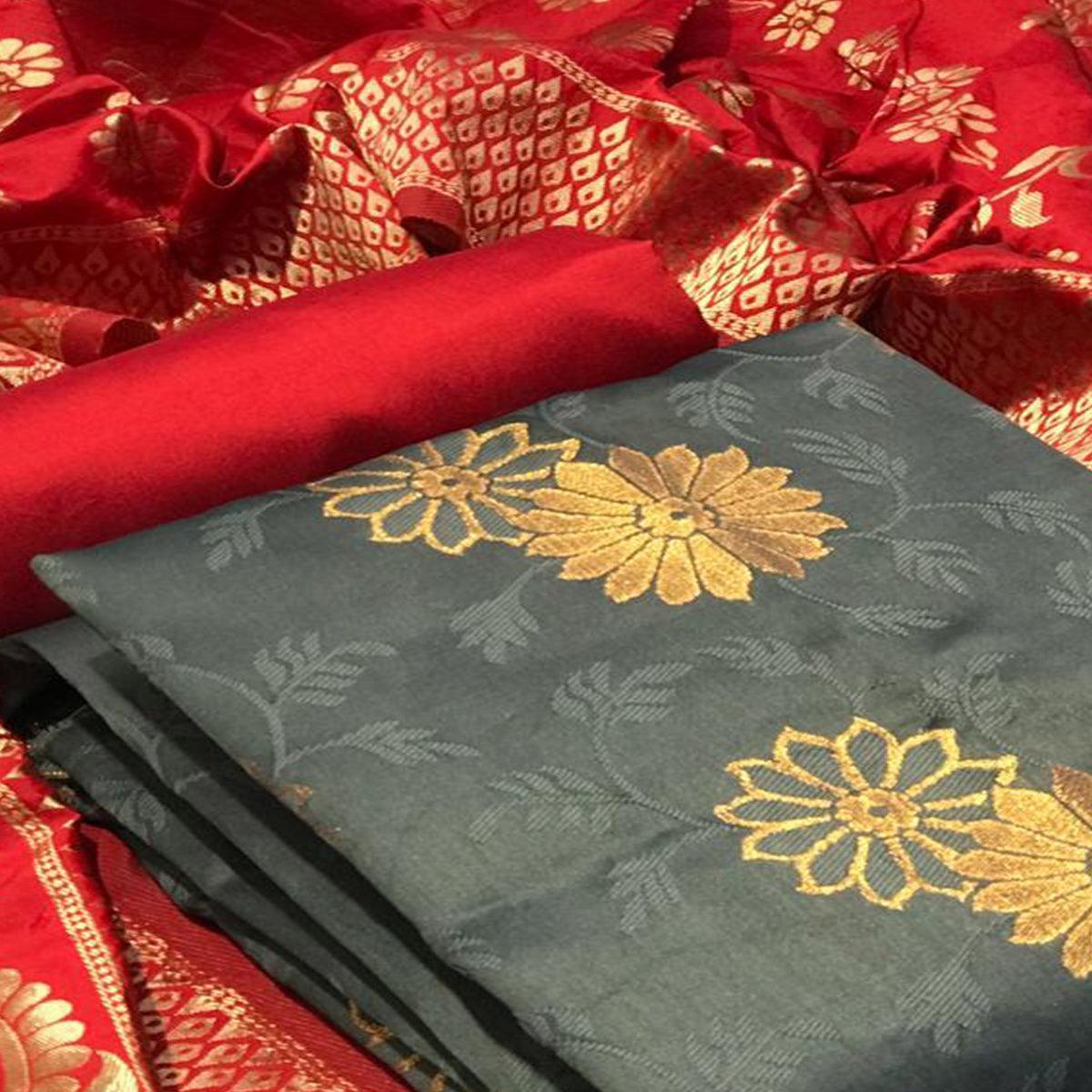 Elegant Grey Colored Casual Wear Banarasi Silk Dress Material