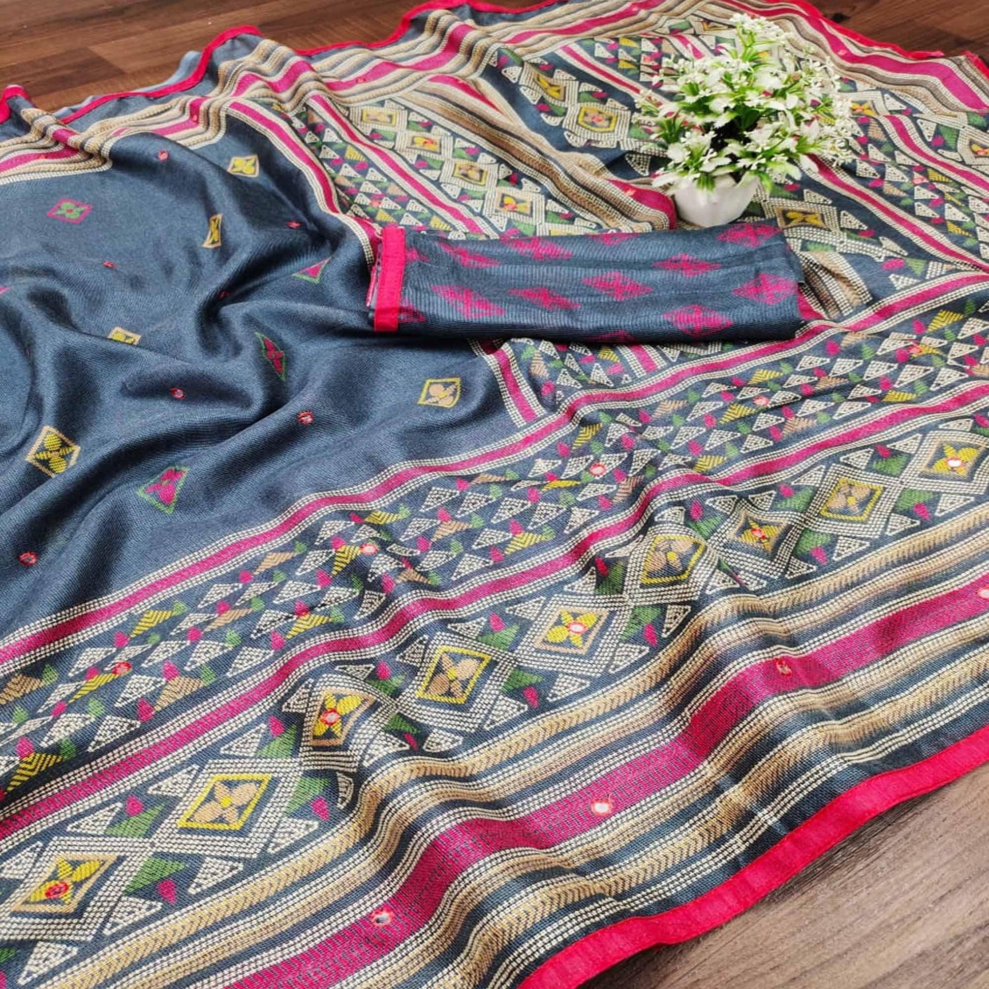 Elegant Grey Coloured Casual Wear Printed Cotton Jute Saree
