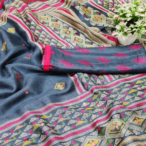 Elegant Grey Coloured Casual Wear Printed Cotton Jute Saree