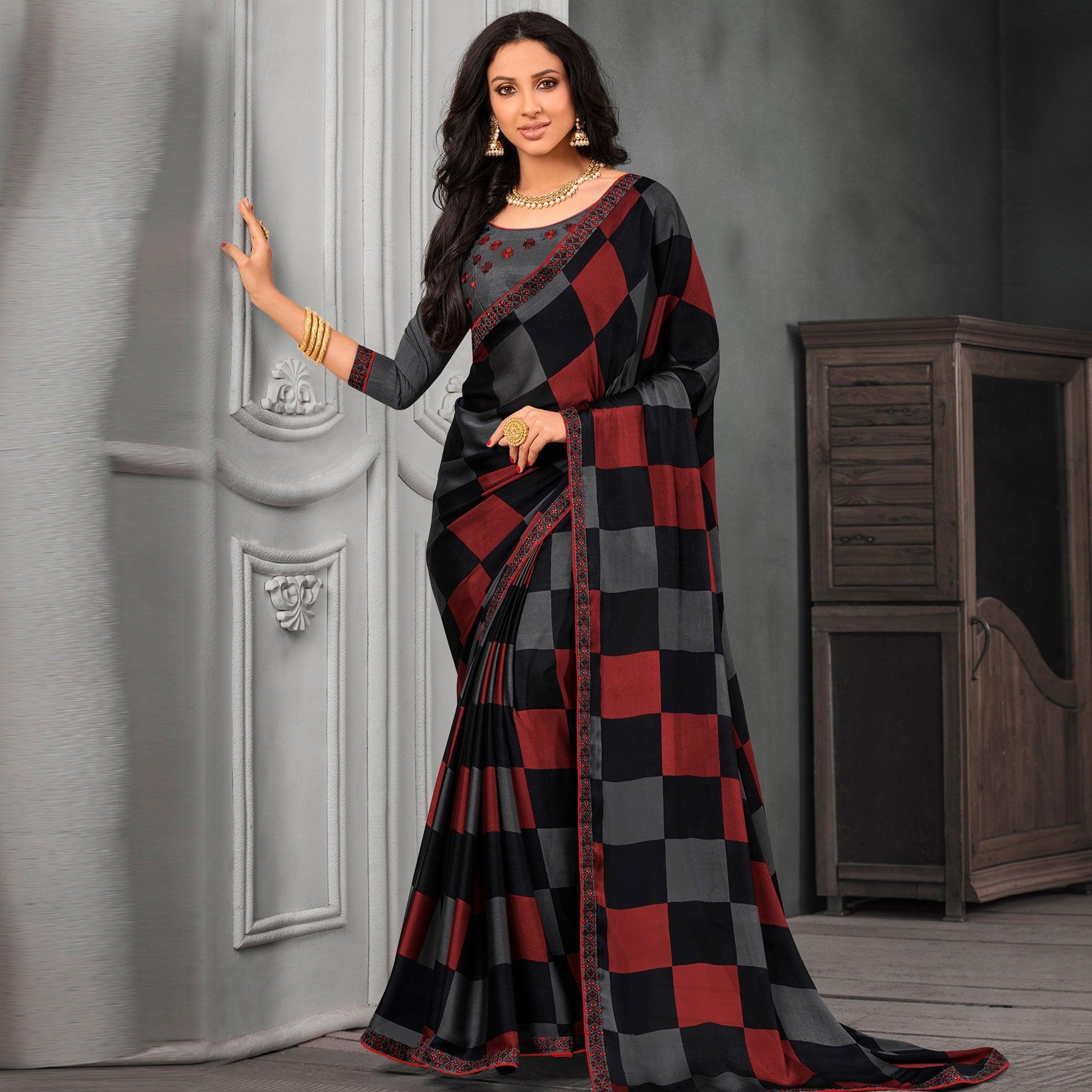 Elegant Grey-Maroon Colored Partywear Printed Chiffon Saree
