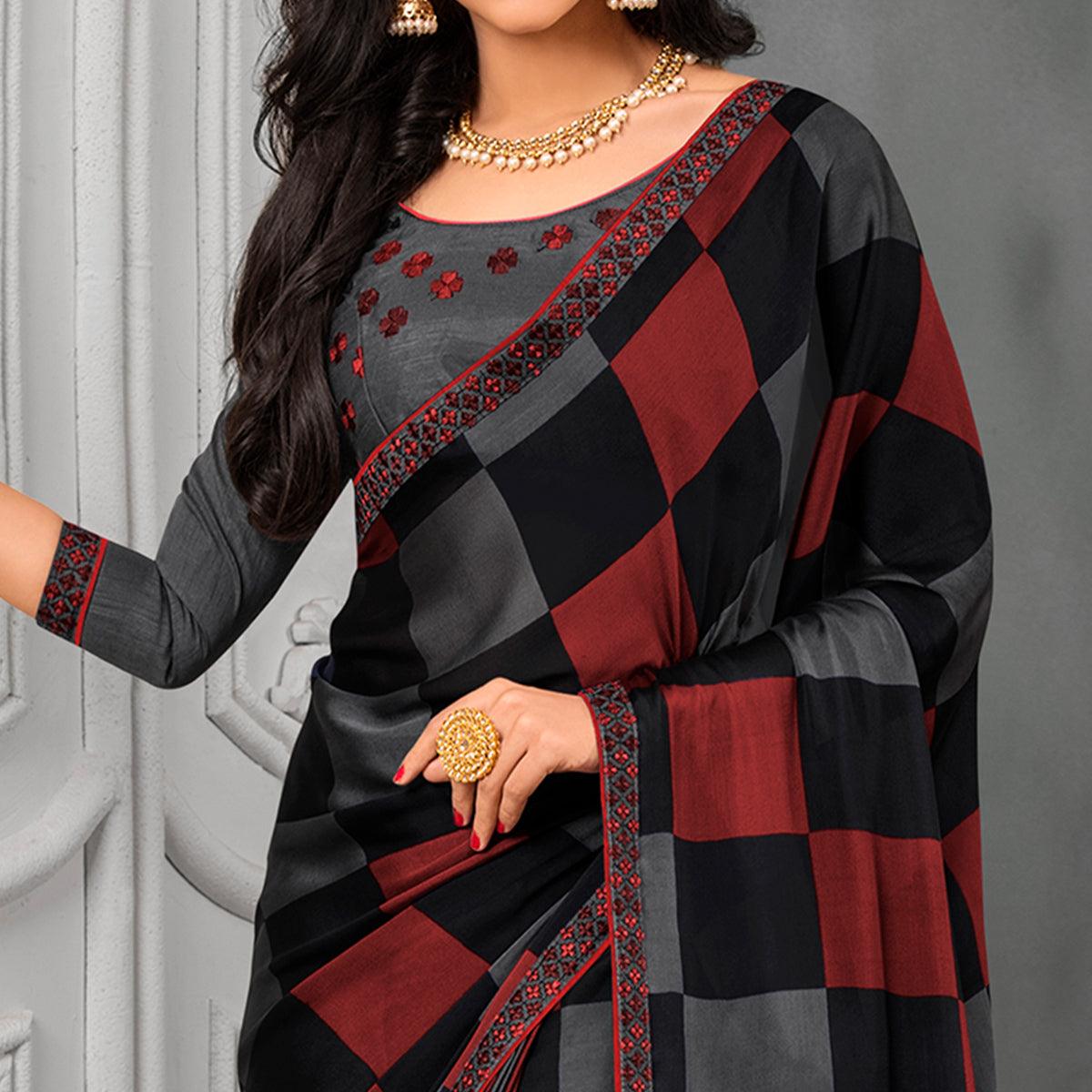 Elegant Grey-Maroon Colored Partywear Printed Chiffon Saree