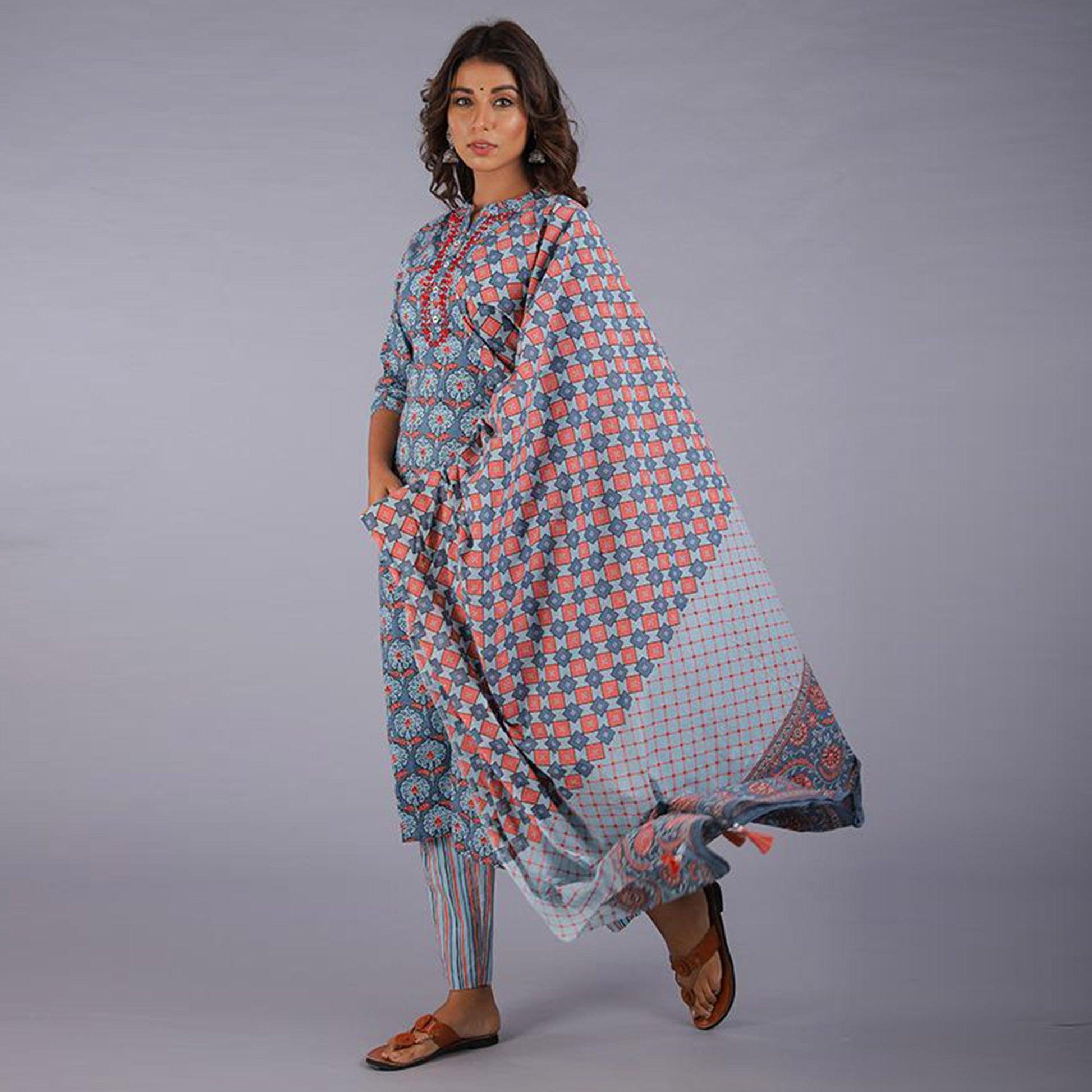 Elegant Light Blue Colored Casual Wear Printed Cotton Kurti - Pant Set With Dupatta