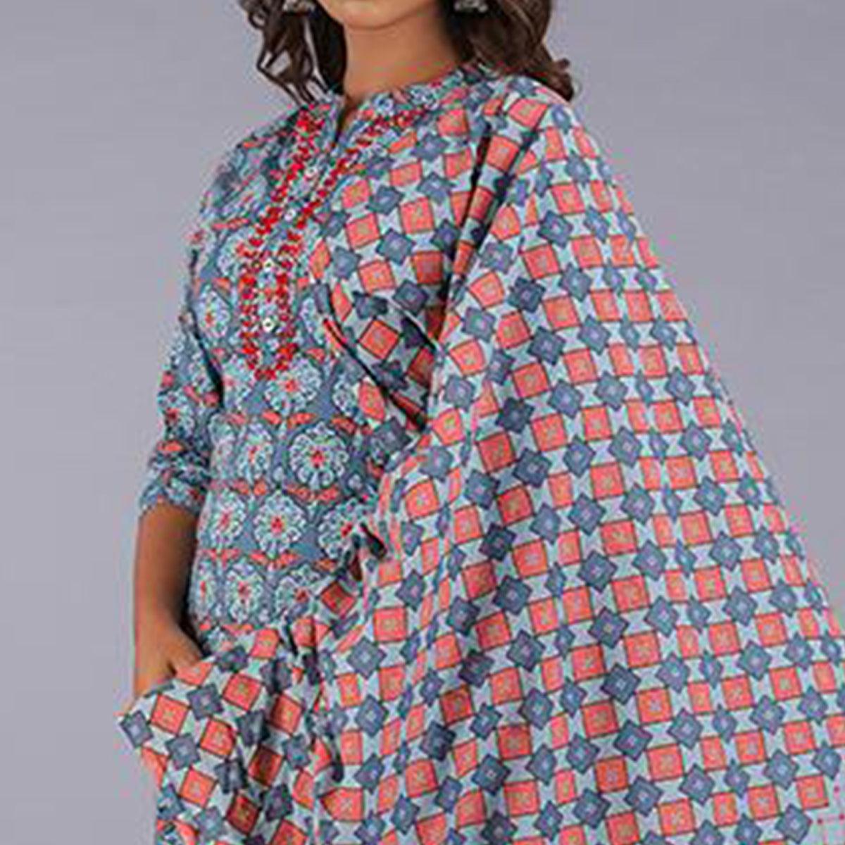 Elegant Light Blue Colored Casual Wear Printed Cotton Kurti - Pant Set With Dupatta