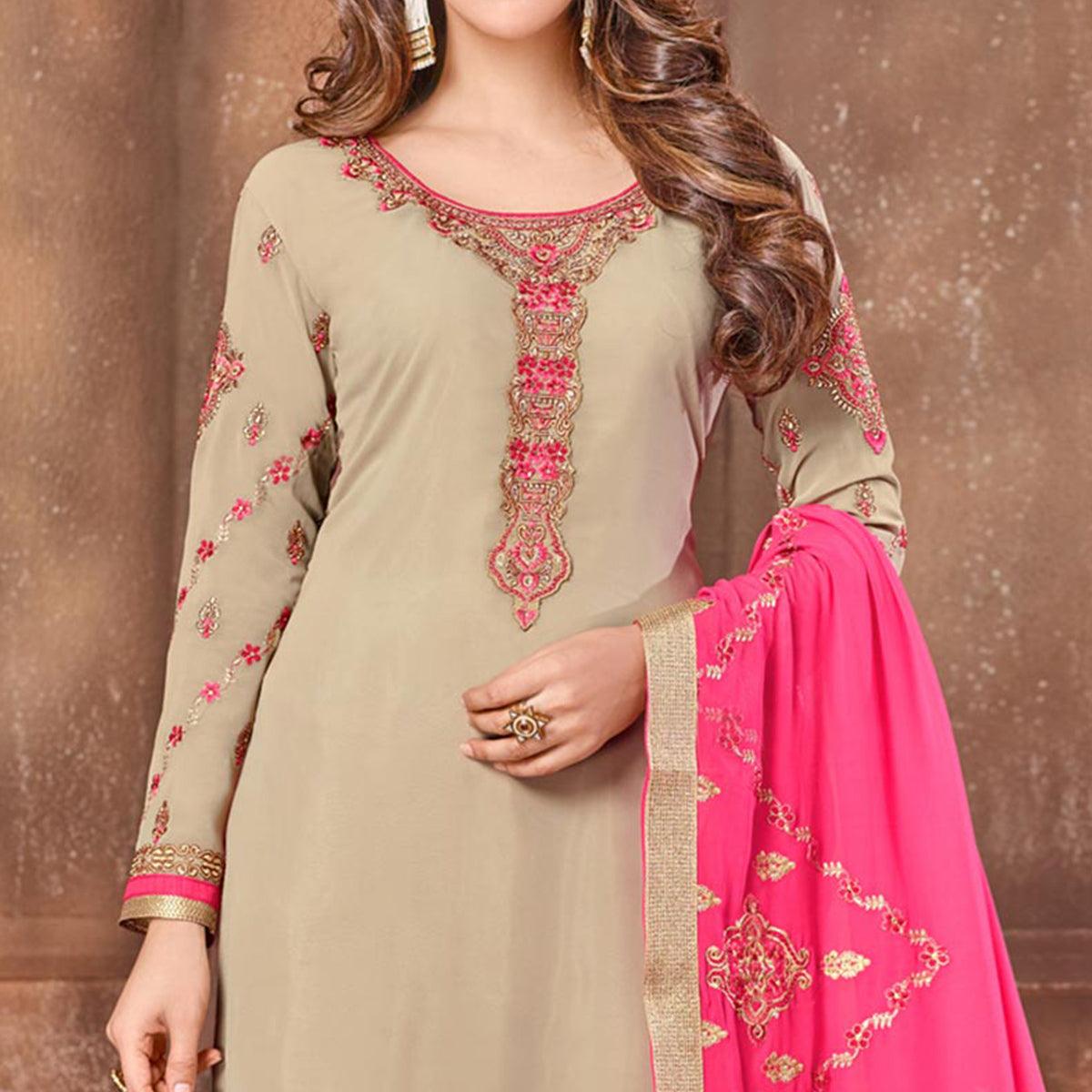 Elegant Light Brown Colored Partywear Embroidered Georgette Suit
