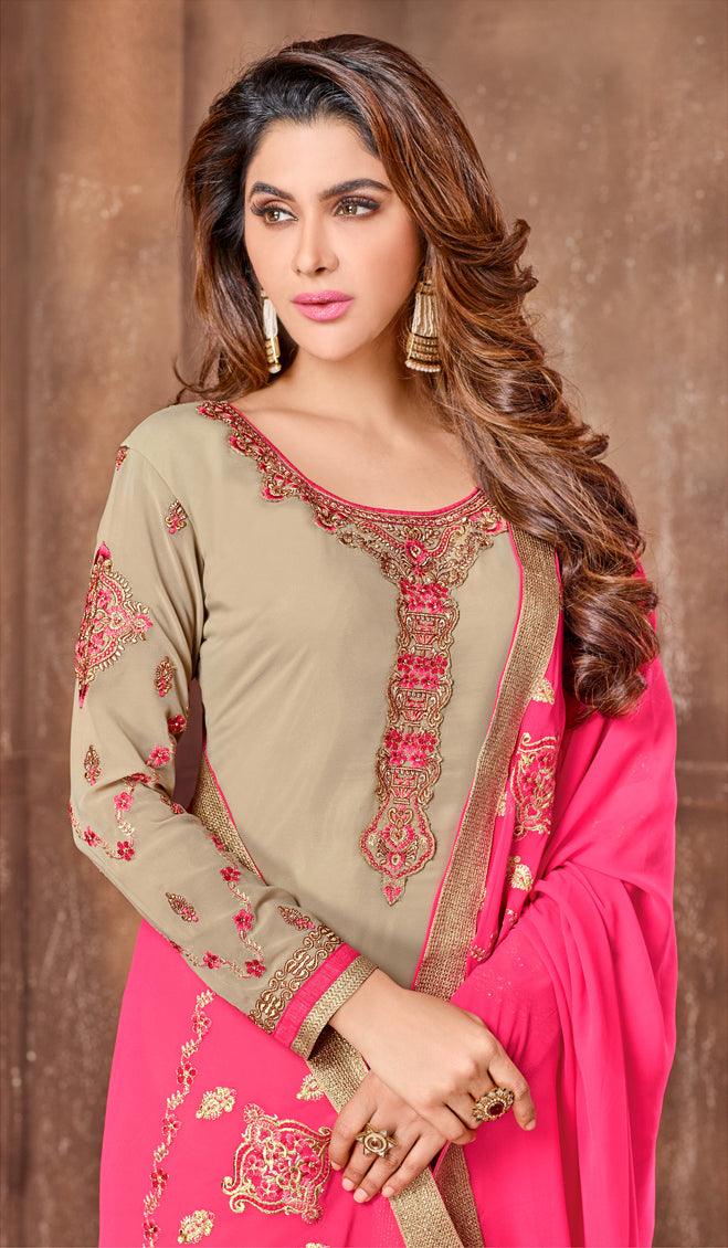 Elegant Light Brown Colored Partywear Embroidered Georgette Suit