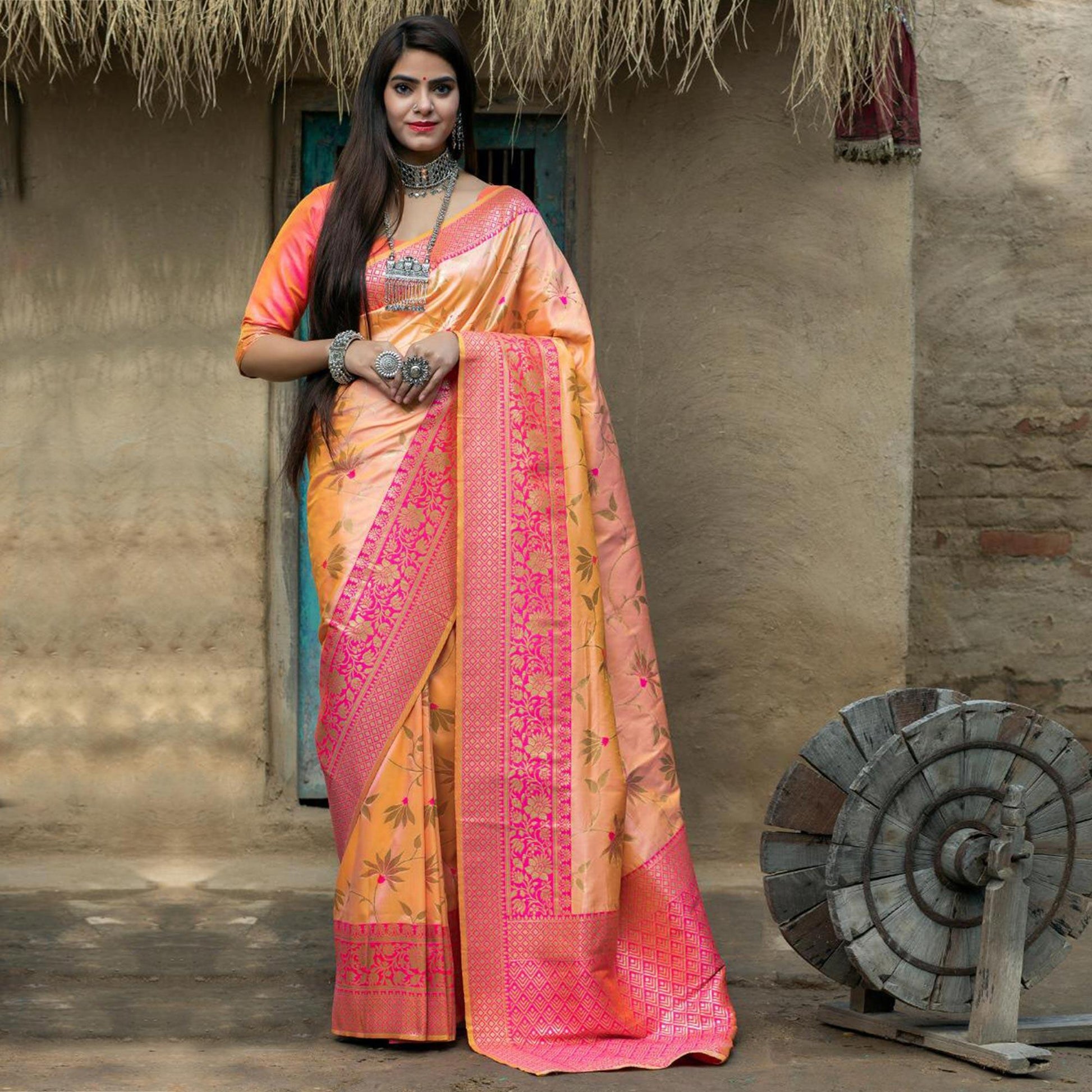 Elegant Light Orange Colored Festive Wear Woven Banarasi Silk Saree