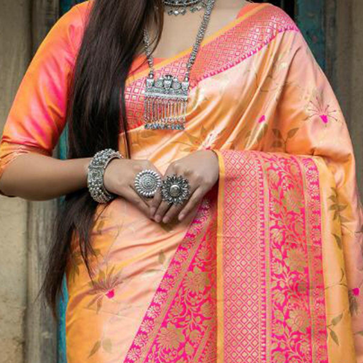 Elegant Light Orange Colored Festive Wear Woven Banarasi Silk Saree