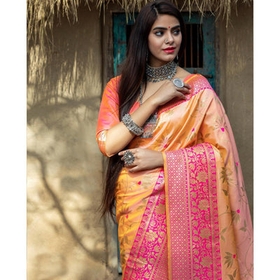Elegant Light Orange Colored Festive Wear Woven Banarasi Silk Saree