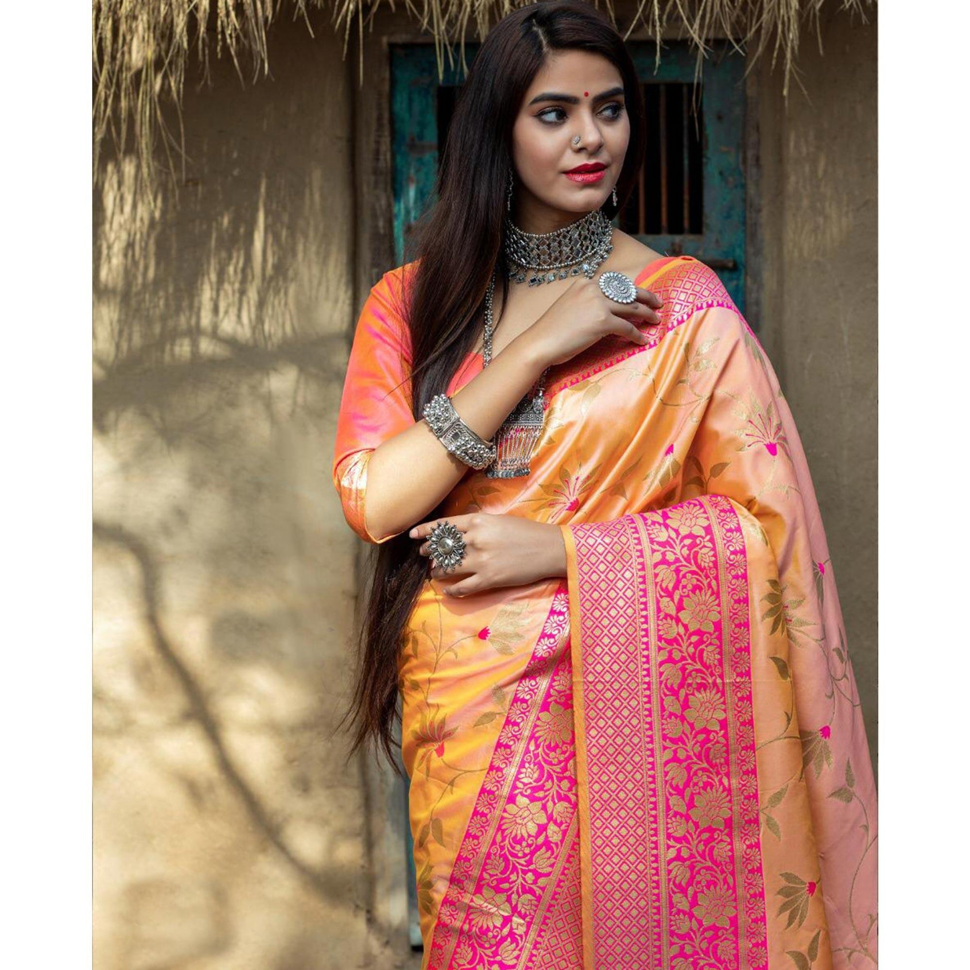 Elegant Light Orange Colored Festive Wear Woven Banarasi Silk Saree