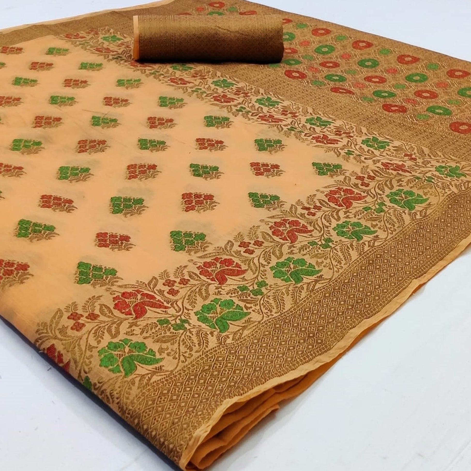 Elegant Light Peach Colored Festive Wear Woven Cotton Saree