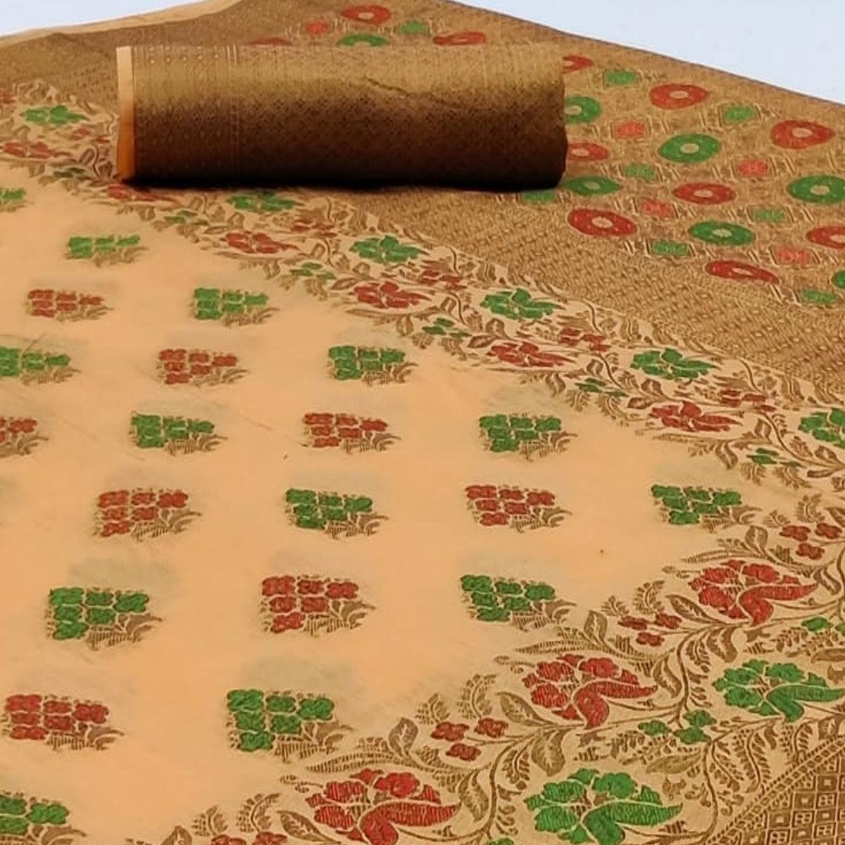 Elegant Light Peach Colored Festive Wear Woven Cotton Saree