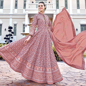 Elegant Light Salmon Colored Partywear Designer Digital Patola Print Killer Silk Anarkali Suit