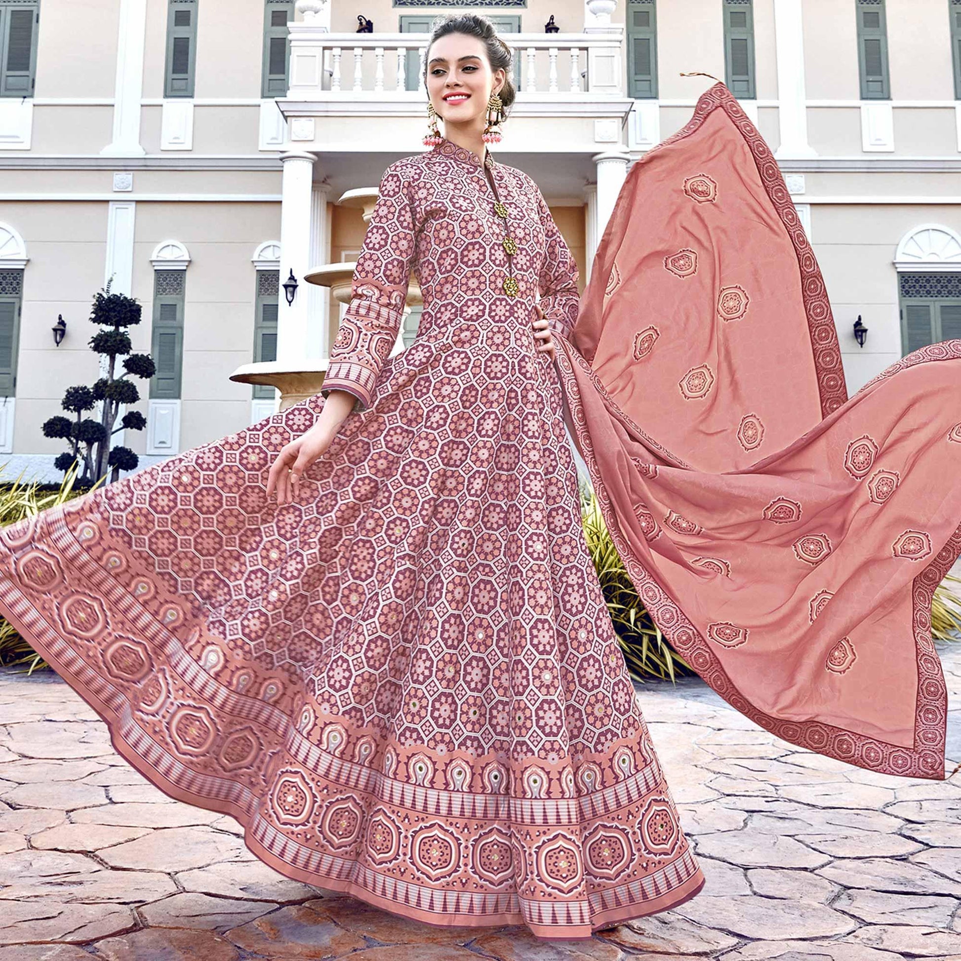 Elegant Light Salmon Colored Partywear Designer Digital Patola Print Killer Silk Anarkali Suit