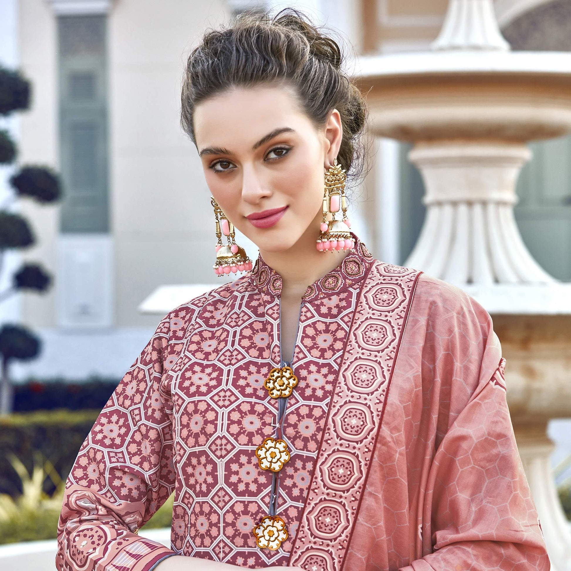 Elegant Light Salmon Colored Partywear Designer Digital Patola Print Killer Silk Anarkali Suit