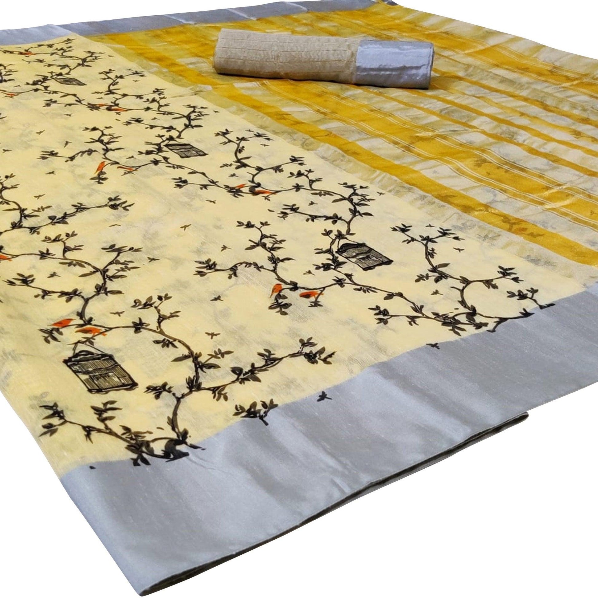 Elegant Light Yellow Colored Casual Printed-Woven Linen Saree With Tassels