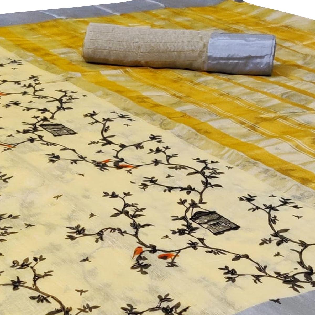 Elegant Light Yellow Colored Casual Printed-Woven Linen Saree With Tassels