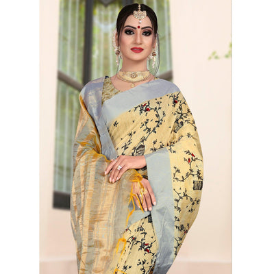 Elegant Light Yellow Colored Casual Printed-Woven Linen Saree With Tassels