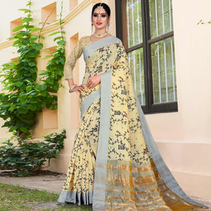 Elegant Light Yellow Colored Casual Printed-Woven Linen Saree With Tassels