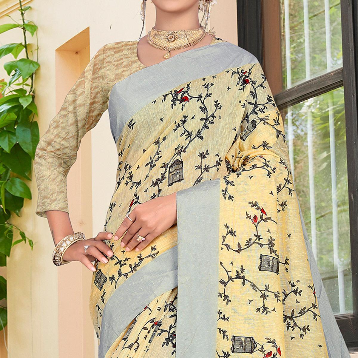 Elegant Light Yellow Colored Casual Printed-Woven Linen Saree With Tassels