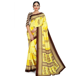 Elegant Light Yellow Colored Casual Wear Printed Crepe Saree