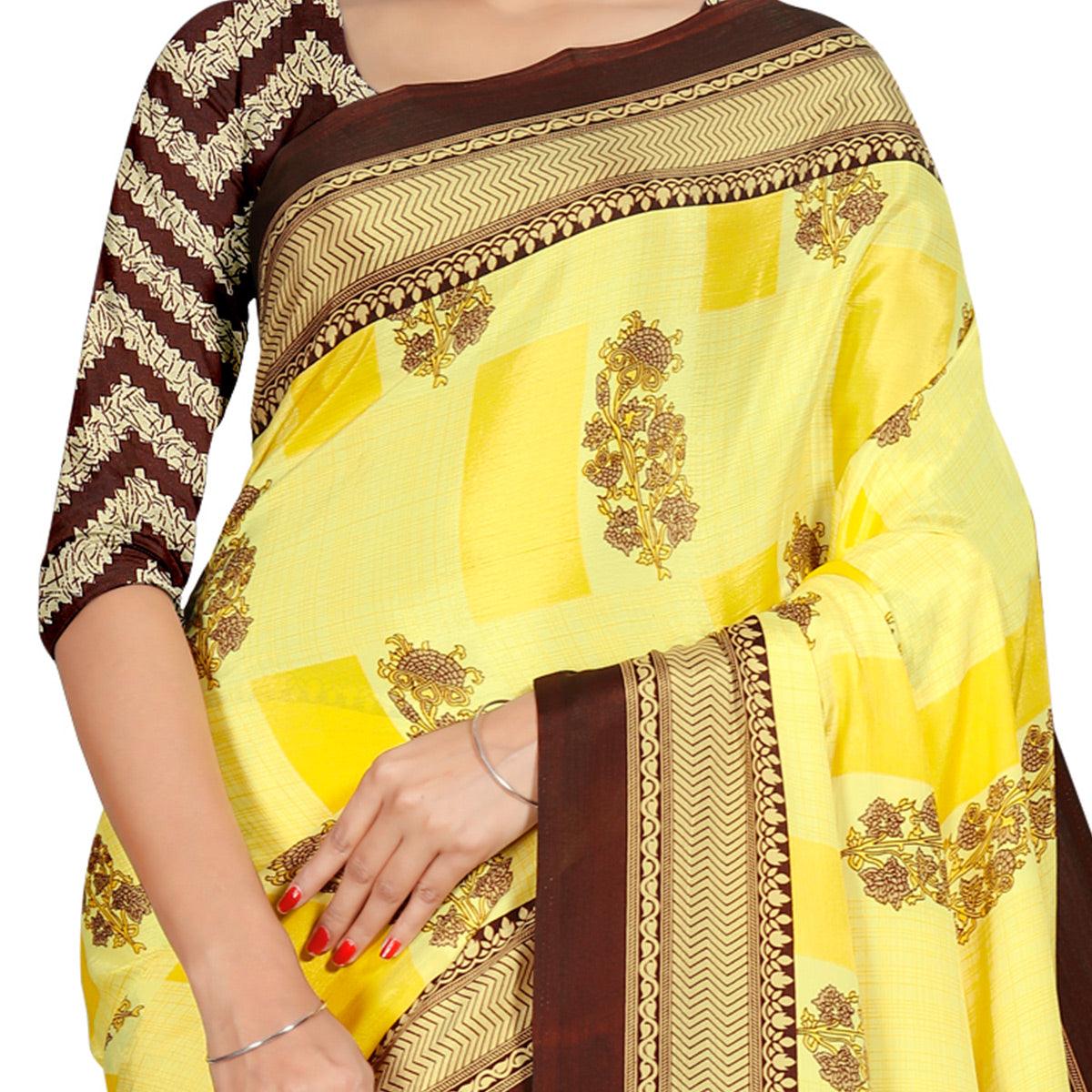 Elegant Light Yellow Colored Casual Wear Printed Crepe Saree