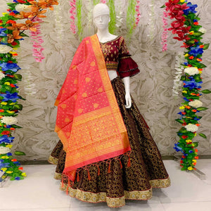 Elegant Maroon Colored Designer Wedding Wear Woven Banarasi Silk Lehenga Choli