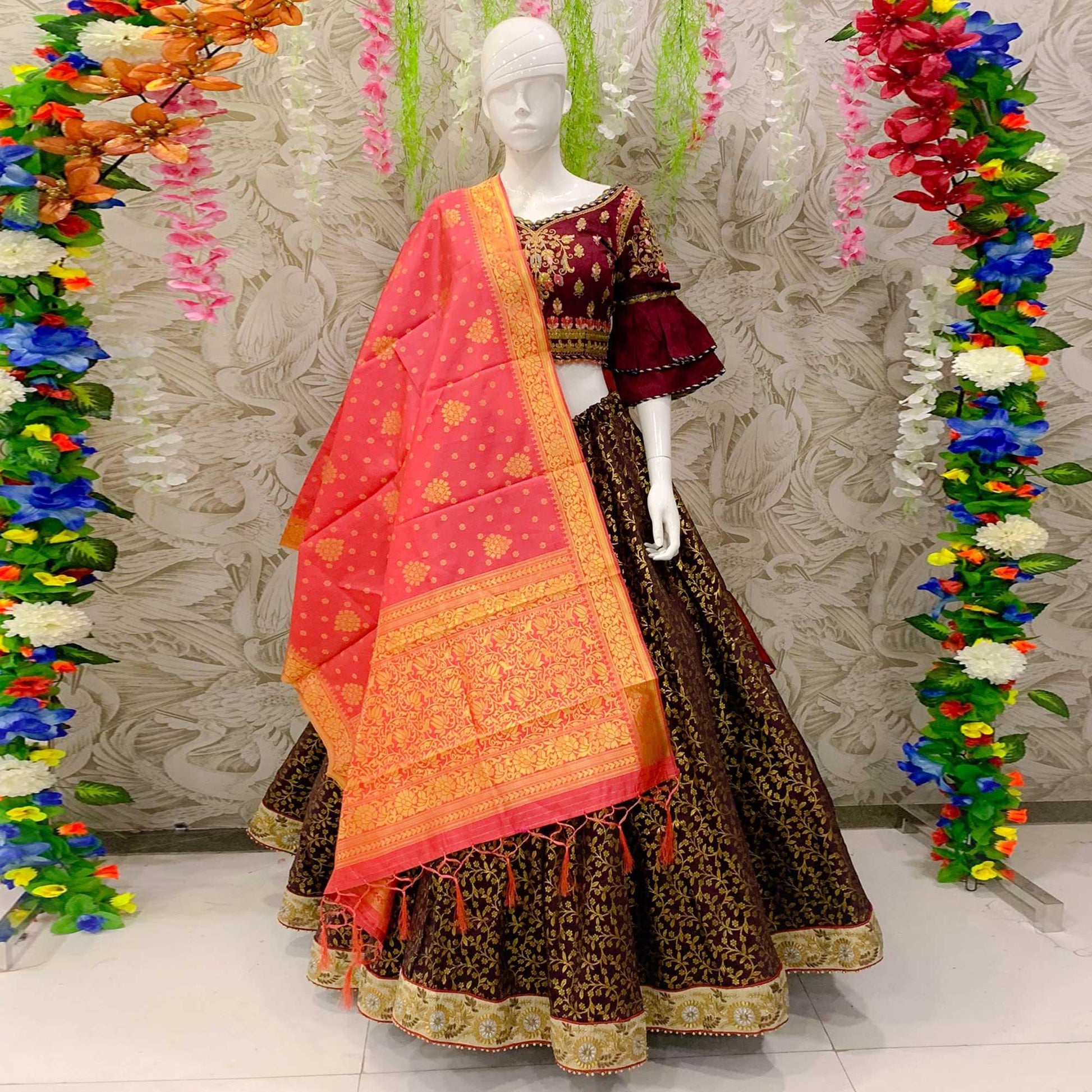 Elegant Maroon Colored Designer Wedding Wear Woven Banarasi Silk Lehenga Choli
