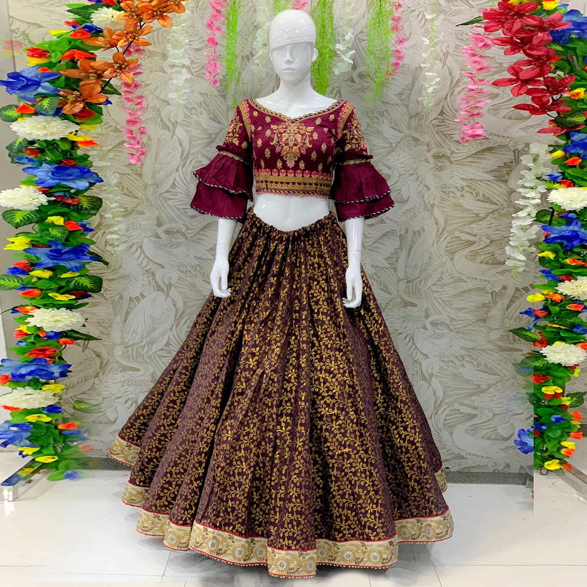 Elegant Maroon Colored Designer Wedding Wear Woven Banarasi Silk Lehenga Choli